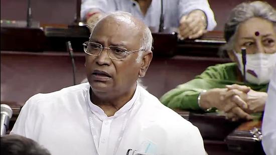 Leader of Opposition in Rajya Sabha Mallikarjun Kharge speaks during the Monsoon Session of Parliament, in New Delhi. (ANI)