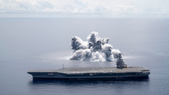 The US Navy has started carrying out what it calls 'Full Ship Shock Trials' by detonating powerful explosions to test whether its aircraft carriers are ready for war. A navy statement Sunday said the 40,000-pound (18,143-kilo) explosion was triggered as part of work to evaluate the aircraft carrier, USS Gerald R. Ford's battle readiness.(AFP)