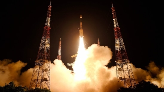 Isro's GSLV-F10 with earth observation satellite EOS-03 on-board blasts off from Sriharikota, early on Thursday.(PTI Photo)