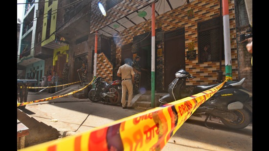 The encounter site where two gangsters were killed at Khajuri Khas in Delhi on Wednesday. (Raj K Raj/HT Photo)