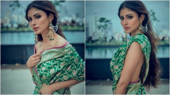 In another, Mouni Roy draped a green and golden Banarasi saree in Bengali style. Sharing the picture on Instagram, she captioned it, "Kajol aar gaal bhora bhalobasha. #ThatBengaliSareeGirlForever."(Instagram/@imouniroy)