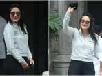 Bollywood actor Kareena Kapoor Khan was snapped outside her dad Randhir Kapoor's house in Mumbai today. Babita, Kareena's husband Saif Ali Khan, sister Karisma Kapoor, and newborn son Jeh Ali Khan accompanied the actor.(Varinder Chawla)