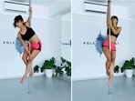 Kim Sharma spins on a pole. Kim Sharma spins on a pole.