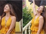 Rubina Dilaik enjoys the rain in <span class='webrupee'>₹</span>999 co-ord set, don't miss Abhinav Shukla's comment(Instagram/@rubinadilaik) Rubina Dilaik enjoys the rain in <span class='webrupee'>₹</span>999 co-ord set, don't miss Abhinav Shukla's comment(Instagram/@rubinadilaik)
