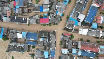 An aerial view shows the flooded town of Liulin following heavy rainfall in Suizhou, Hubei province, China. (VIA REUTERS)