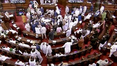 Opposition MPs create uproar in Rajya Sabha during monsoon session of Parliament in New Delhi. (ANI) Opposition MPs create uproar in Rajya Sabha during monsoon session of Parliament in New Delhi. (ANI)