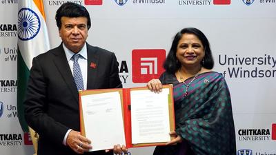 The agreement was virtually signed by University of Windsor president and vice-chancellor Dr Robert Gordon and and Chitkara University pro-chancellor Madhu Chitkara. (HT Photo) The agreement was virtually signed by University of Windsor president and vice-chancellor Dr Robert Gordon and and Chitkara University pro-chancellor Madhu Chitkara. (HT Photo)