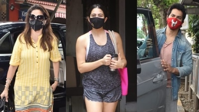 Madhuri Dixit, Sara Ali Khan and Varun Dhawan were photographed in Mumbai. (Varinder Chawla. ) Madhuri Dixit, Sara Ali Khan and Varun Dhawan were photographed in Mumbai. (Varinder Chawla. )