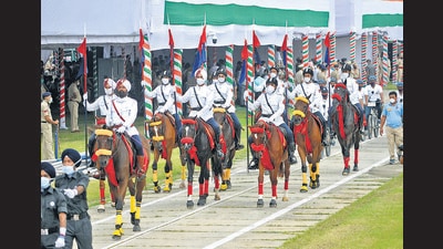 Police personnel during the full dress rehearsal for the Independence Day event at Parade Ground in Sector 17, Chandigarh, on Friday. (Ravi Kumar/HT) Police personnel during the full dress rehearsal for the Independence Day event at Parade Ground in Sector 17, Chandigarh, on Friday. (Ravi Kumar/HT)