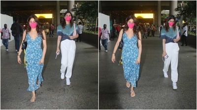 Janhvi's sister Khushi Kapoor, on the other hand, chose a comfy vibe for her arrival in the bay. She wore a greyish blue tie-dye crop top with white joggers.&nbsp; (Varinder Chawla)