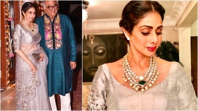 Sridevi made head turns when she was clicked by the papz in this gorgeous lavender netted saree. (Instagram/@sridevi.kapoor)