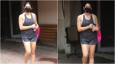 Sara completed her look by tying her tresses in a middle-parted hairdo and looking fresh after the workout session. (Varinder Chawla) Sara completed her look by tying her tresses in a middle-parted hairdo and looking fresh after the workout session. (Varinder Chawla)