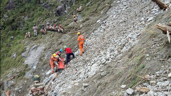 NDRF team engage in search and rescue operation at the landslide site, in Kinnaur on Thursday, August 12. (ANI)