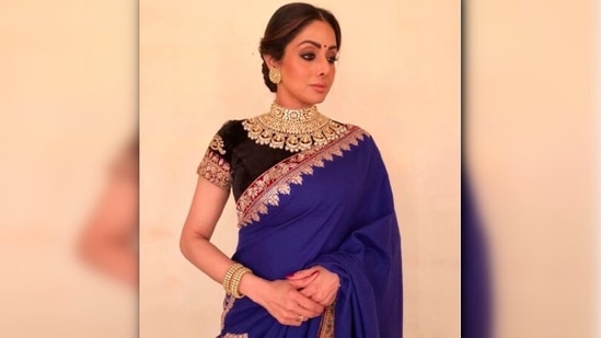 Sridevi is often seen resplendent in designers Manish Malhotra's lavish collection. Sridevi wore this stunning royal blue Manish Malhotra saree for an event.(Instagram/@sridevi.kapoor)
