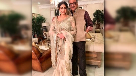This cocktail saree worn by Sridevi is what every Indian girl wants in their wardrobe. This see-through embroidered saree is the perfect wedding reception outfit.(Instagram/@sridevi.kapoor)