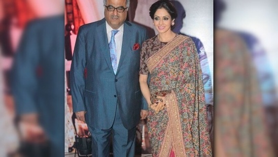 Sridevi redefines elegance in this colourful Sabyasachi saree which she paired with a brown printed blouse.(Instagram/@sridevi.kapoor)