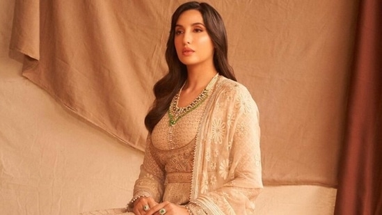 Nora Fatehi in <span class='webrupee'>?</span>3 lakh ivory anarkali set looks like royalty as she promotes Bhuj(Instagram/@norafatehi)