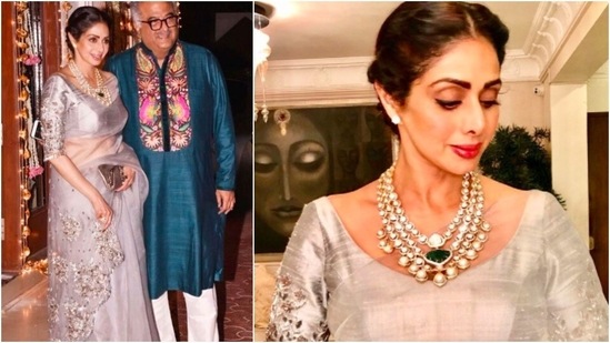 Sridevi made head turns when she was clicked by the papz in this gorgeous lavender netted saree.(Instagram/@sridevi.kapoor)