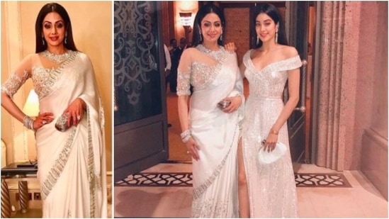 Sridevi and daughter Janhvi Kapoor sparkled in all-white outfits. While Sridevi donned an elegant white saree and shimmery blouse, Janhvi posed in a white off-shoulder, high slit gown.(Instagram/@sridevi.kapoor)