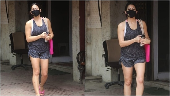 Sara wore a grey racerback tank top over a pair of printed shorts for the workout session. The top featured a scooped halter neck and a loose-fitted silhouette, a perfect choice for a rigorous session.(Varinder Chawla)