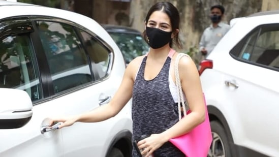 Bollywood star Sara Ali Khan was snapped outside her Pilates class in Mumbai today. She served major gym fashion goals in her comfy attire.(Varinder Chawla)