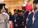President Ram Nath Kovind interacts with the Indian contingent of the Tokyo Olympics 2020 at Rashtrapati Bhavan Cultural Centre, in New Delhi on Saturday. ((ANI Photo)) President Ram Nath Kovind interacts with the Indian contingent of the Tokyo Olympics 2020 at Rashtrapati Bhavan Cultural Centre, in New Delhi on Saturday. ((ANI Photo))