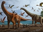 An artistic rendering of the Hami Pterosaur Fauna, with&nbsp;Silutitan sinensis&nbsp;on the left and&nbsp;Hamititan xinjiangensis&nbsp;on the right.&nbsp;(China’s Institute of Vertebrate Paleontology and Paleoanthropology)