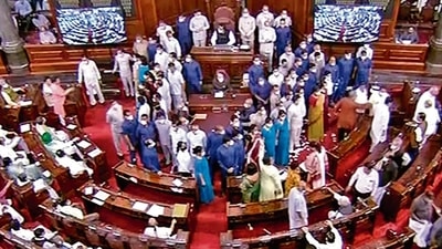 Members gather near the well in Rajya Sabha during the Monsoon Session of Parliament on August 11. Photo courtesy- PTI Members gather near the well in Rajya Sabha during the Monsoon Session of Parliament on August 11. Photo courtesy- PTI