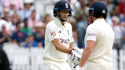 England captain Joe Root and Jonny Bairstow complete a 100 run partnership during the 3rd day of the Second Test match between India and England at Lord's, in London on Saturday. England captain Joe Root and Jonny Bairstow complete a 100 run partnership during the 3rd day of the Second Test match between India and England at Lord's, in London on Saturday.