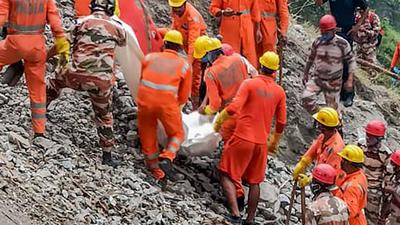 Rescue operations in progress at Nigulsari Reckong-Peo-Shimla national highway in Kinnaur district on Friday. (PTI)