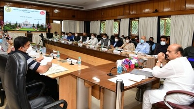 Karnataka CM Basavaraj Bommai held a Covid-19 review meeting on Saturday. (Twitter/@ANI) Karnataka CM Basavaraj Bommai held a Covid-19 review meeting on Saturday. (Twitter/@ANI)