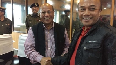 File photo of former HNLC General Secretary (L) Cheristerfield Thangkhiew officially surrendering before Deputy Chief Minister Prestone Tynsong on October 18, 2018. File photo of former HNLC General Secretary (L) Cheristerfield Thangkhiew officially surrendering before Deputy Chief Minister Prestone Tynsong on October 18, 2018.