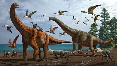 An artistic rendering of the Hami Pterosaur Fauna, with Silutitan sinensis on the left and Hamititan xinjiangensis on the right. (China’s Institute of Vertebrate Paleontology and Paleoanthropology) An artistic rendering of the Hami Pterosaur Fauna, with Silutitan sinensis on the left and Hamititan xinjiangensis on the right. (China’s Institute of Vertebrate Paleontology and Paleoanthropology)