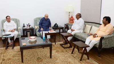Nishad party chief Sanjay Nishad at a meeting with Union home minister Amit Shah and BJP chief JP Nadda to discuss the UP assembly polls, in New Delhi on Saturday. (SOURCED IMAGE) Nishad party chief Sanjay Nishad at a meeting with Union home minister Amit Shah and BJP chief JP Nadda to discuss the UP assembly polls, in New Delhi on Saturday. (SOURCED IMAGE)