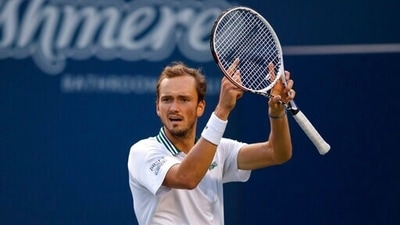 Daniil Medvedev, of Russia, points to his racket after losing a point to Hubert Hurkacz, of Poland, during the National Bank Open men’s tennis tournament. (AP) Daniil Medvedev, of Russia, points to his racket after losing a point to Hubert Hurkacz, of Poland, during the National Bank Open men’s tennis tournament. (AP)