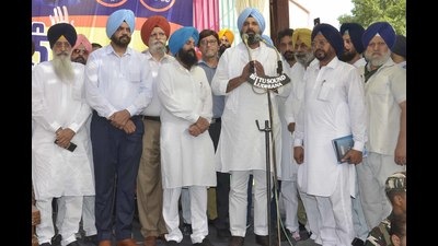 SAD leader Bikram Singh Majithia addressing a party meeting in Ludhiana on Saturday. (HT Photo)