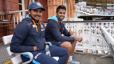Prithvi Shaw (L) and Suryakumar Yadav are all smiles as they enjoy the second Test at Lord's. (BCCI) Prithvi Shaw (L) and Suryakumar Yadav are all smiles as they enjoy the second Test at Lord's. (BCCI)