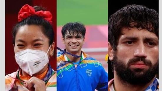 Saikhom Mirabai Chanu, Neeraj Chopra and Ravi Kumar Dahiya.