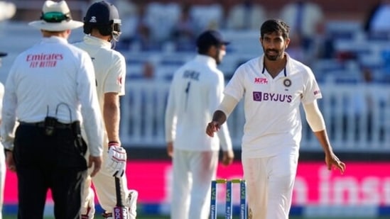 India's bowler Jasprit Bumrah walks back two his mark after bowling to England's James Anderson in his 10 ball over during the third day of the 2nd cricket test between England and India at Lord's cricket ground in London(AP)