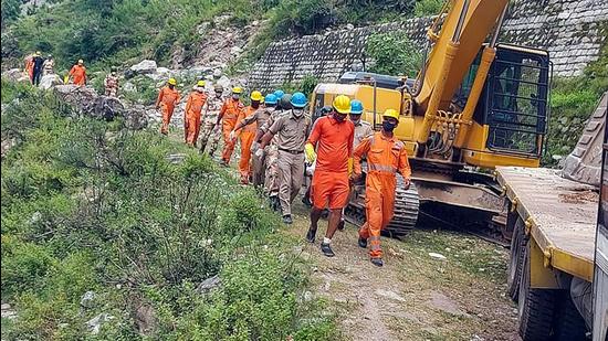 Rescue work in progress at Negulsari in Kinnaur district, where a massive landslide was witnessed on Wednesday. (PTI)
