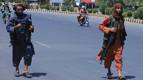 Taliban fighters patrol the streets in Herat on August 14 after they captured the city.&nbsp;(AFP)