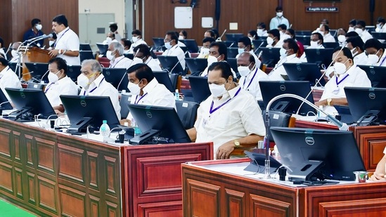 Chennai: Tamil Nadu Finance Minister P. T. R. Palanivel Thiagarajan presents the State Budget in Assembly, in Chennai.(PTI Photo)