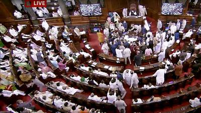 Opposition MPs create an uproar in Rajya Sabha during the monsoon session of Parliament on August 11. (ANI) Opposition MPs create an uproar in Rajya Sabha during the monsoon session of Parliament on August 11. (ANI)
