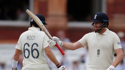 Cricket - Second Test - England v India - Lord's Cricket Ground, London, Britain - August 14, 2021 England's Jonny Bairstow celebrates reaching his half century Action Images via Reuters/Paul Childs (Action Images via Reuters)