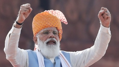 Prime Minister Narendra Modi addresses the nation during Independence Day celebrations at the historic Red Fort in Delhi, India, on August 15, 2021.&nbsp; (REUTERS)