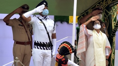 West Bengal Chief Minister Mamata Banerjee salutes the National Flag on the occasion of 75th Independence Day celebrations, at Red Road in Kolkata on Sunday. (ANI Photo) West Bengal Chief Minister Mamata Banerjee salutes the National Flag on the occasion of 75th Independence Day celebrations, at Red Road in Kolkata on Sunday. (ANI Photo)