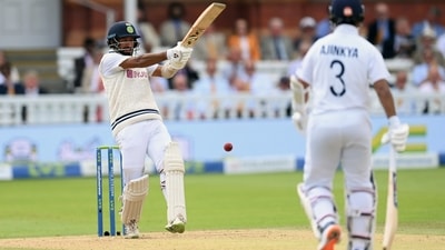 India batsmen Chetashwar Pujara plays a shot during the 4th day of the Second Test match between India and England at Lord's, in London on Sunday. India batsmen Chetashwar Pujara plays a shot during the 4th day of the Second Test match between India and England at Lord's, in London on Sunday.