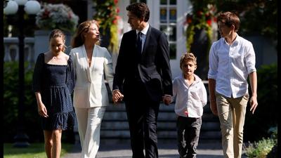 Canada’s Prime Minister Justin Trudeau with his wife Sophie Gregoire and their children Ella-Grace, Xavier and Hadrien, to meet governor-general Mary Simon in Ottawa, Ontario, on Sunday. (REUTERS) Canada’s Prime Minister Justin Trudeau with his wife Sophie Gregoire and their children Ella-Grace, Xavier and Hadrien, to meet governor-general Mary Simon in Ottawa, Ontario, on Sunday. (REUTERS)