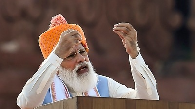 Prime Minister Narendra Modi addresses the nation during the 75th Independence Day function at the Red Fort, in New Delhi on Sunday, (PTI) Prime Minister Narendra Modi addresses the nation during the 75th Independence Day function at the Red Fort, in New Delhi on Sunday, (PTI)