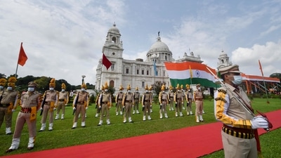 CISF jawans perform during the 75th Independence Day function at the Victoria Memorial, in Kolkata on August 15. (PTI) CISF jawans perform during the 75th Independence Day function at the Victoria Memorial, in Kolkata on August 15. (PTI)